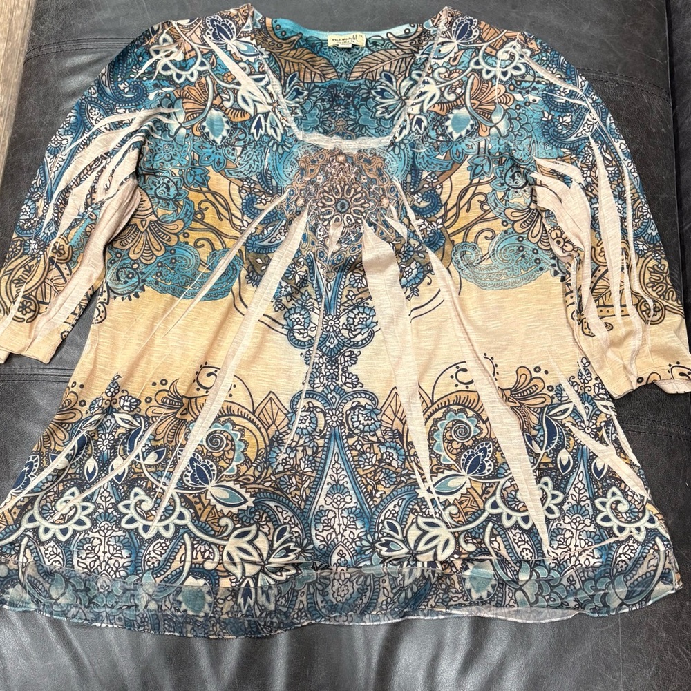 ONE WORLD Blue and Beige Floral Pattern Blouse